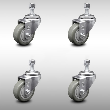 Service Caster 3.5 Inch SS Gray Polyurethane Wheel Swivel 12mm Threaded Stem Caster Set SCC SCC-SSTS20S3514-PPUB-M1215-4